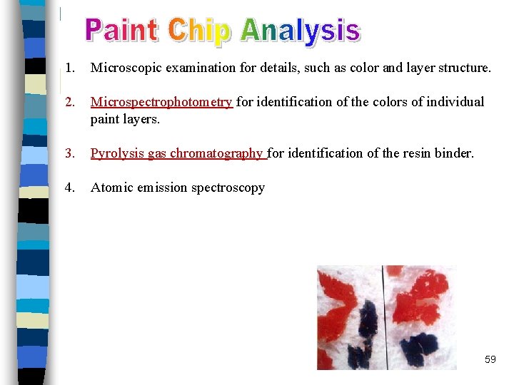 1. Microscopic examination for details, such as color and layer structure. 2. Microspectrophotometry for