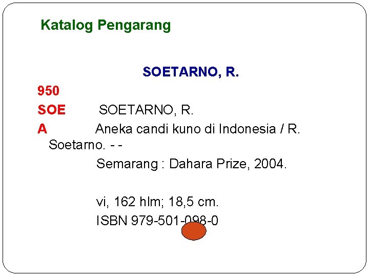 Katalog Pengarang SOETARNO, R. 950 SOETARNO, R. A Aneka candi kuno di Indonesia /