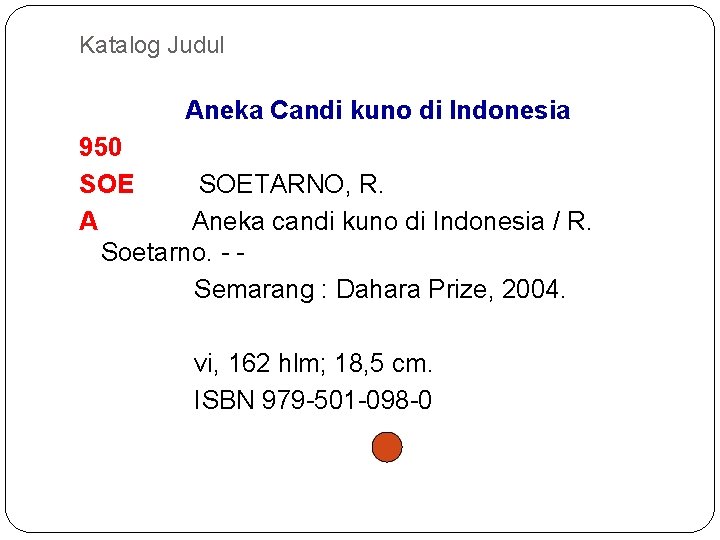Katalog Judul Aneka Candi kuno di Indonesia 950 SOETARNO, R. A Aneka candi kuno