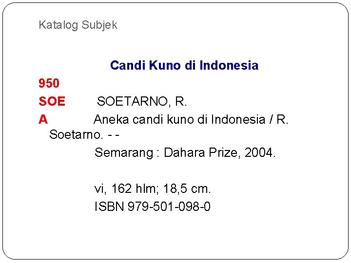 Katalog Subjek Candi Kuno di Indonesia 950 SOETARNO, R. A Aneka candi kuno di