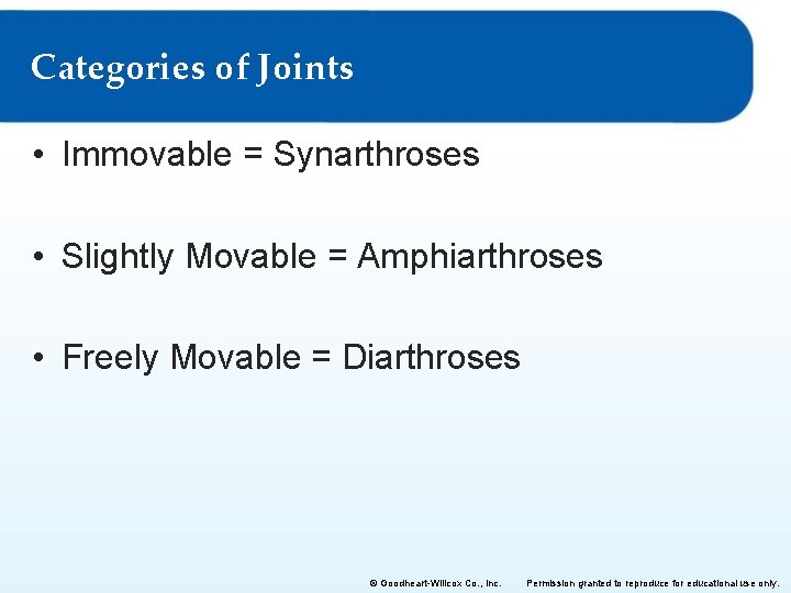 Categories of Joints • Immovable = Synarthroses • Slightly Movable = Amphiarthroses • Freely Categories of Joints • Immovable = Synarthroses • Slightly Movable = Amphiarthroses • Freely