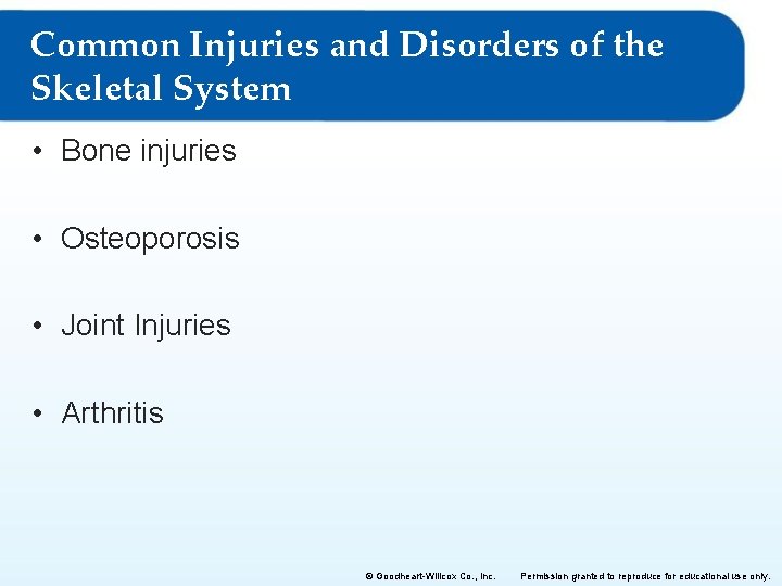 Common Injuries and Disorders of the Skeletal System • Bone injuries • Osteoporosis • Common Injuries and Disorders of the Skeletal System • Bone injuries • Osteoporosis •