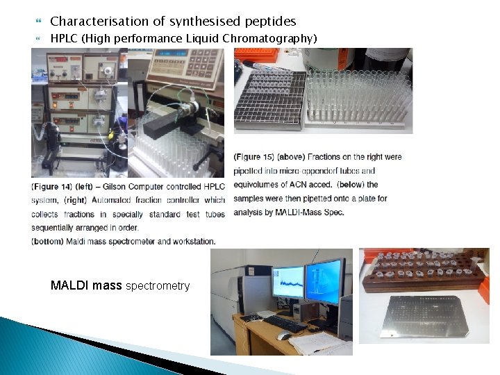  Characterisation of synthesised peptides HPLC (High performance Liquid Chromatography) MALDI mass spectrometry 