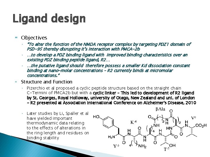 Ligand design Objectives ◦ “To alter the function of the NMDA receptor complex by