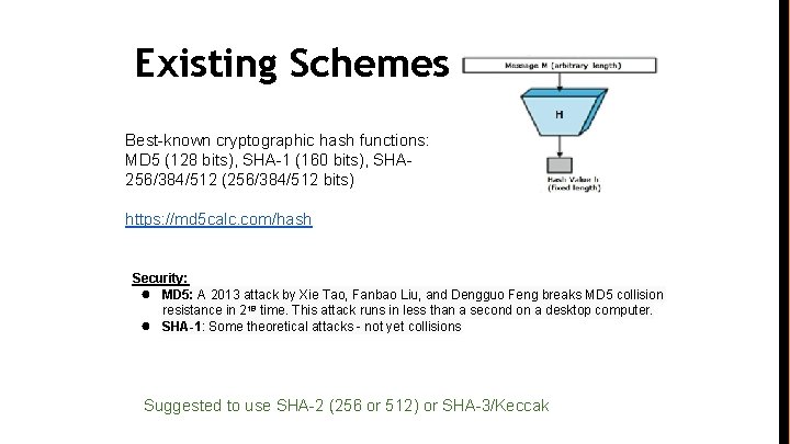 Existing Schemes Best-known cryptographic hash functions: MD 5 (128 bits), SHA-1 (160 bits), SHA
