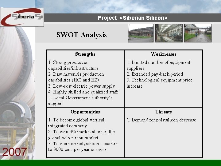 Project «Siberian Silicon» SWOT Analysis Strengths 1. Strong production capabilities/infrastructure 2. Raw materials production