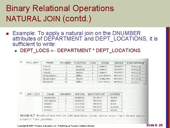 Binary Relational Operations NATURAL JOIN (contd. ) n Example: To apply a natural join