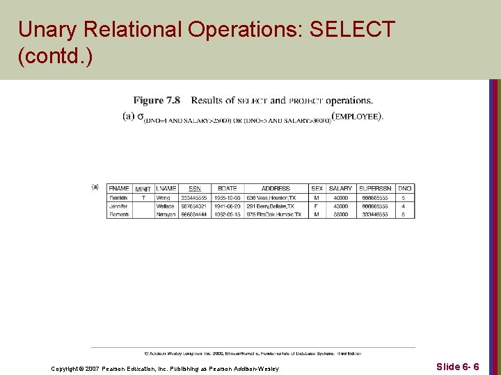 Unary Relational Operations: SELECT (contd. ) Copyright © 2007 Pearson Education, Inc. Publishing as