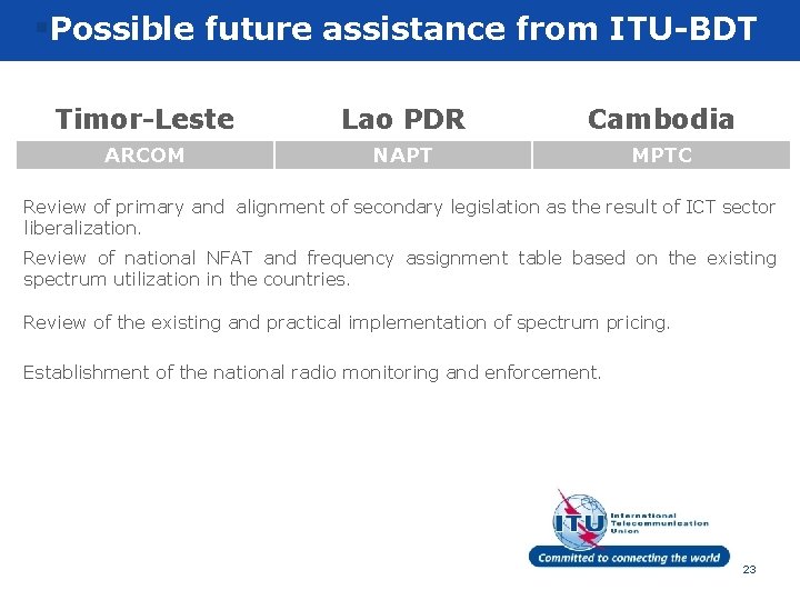 §Possible future assistance from ITU-BDT Timor-Leste Lao PDR Cambodia ARCOM NAPT MPTC Review of