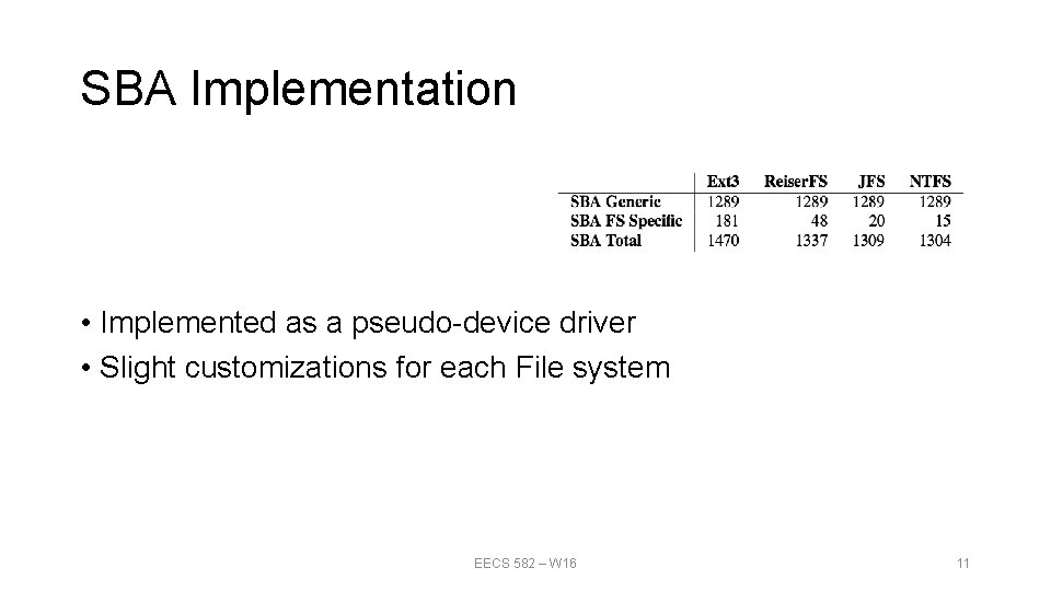 SBA Implementation • Implemented as a pseudo-device driver • Slight customizations for each File SBA Implementation • Implemented as a pseudo-device driver • Slight customizations for each File