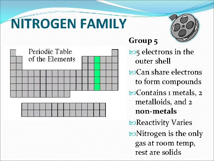 NITROGEN FAMILY Group 5 5 electrons in the outer shell Can share electrons to