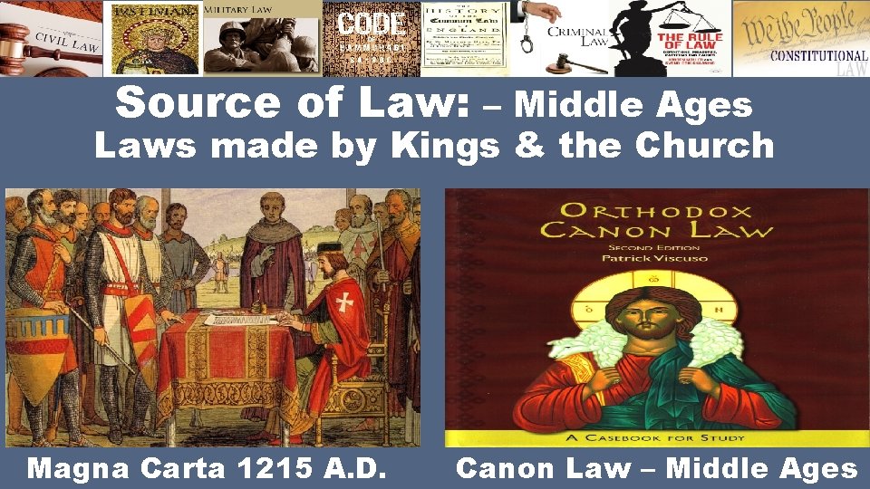 Source of Law: – Middle Ages Laws made by Kings & the Church Magna