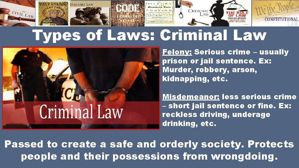 Types of Laws: Criminal Law Felony: Serious crime – usually prison or jail sentence.