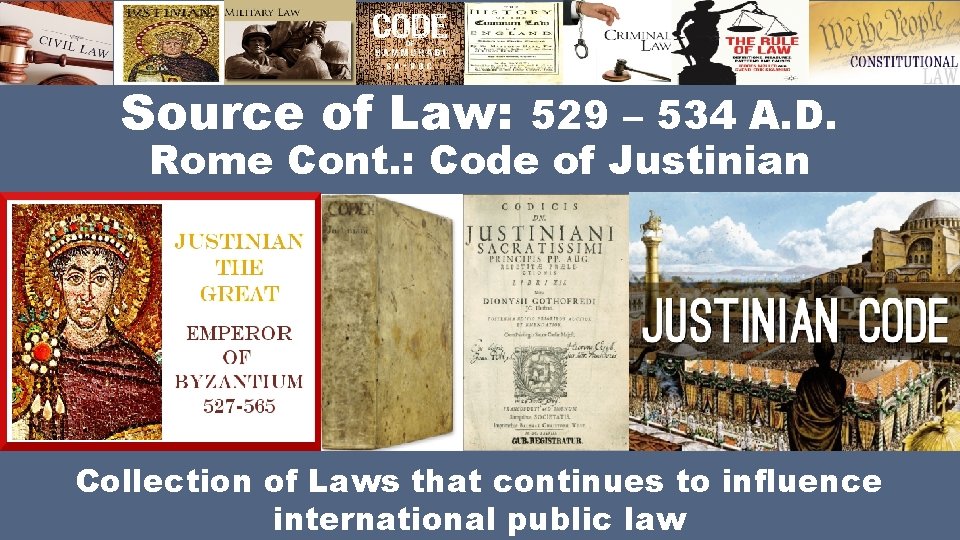 Source of Law: 529 – 534 A. D. Rome Cont. : Code of Justinian