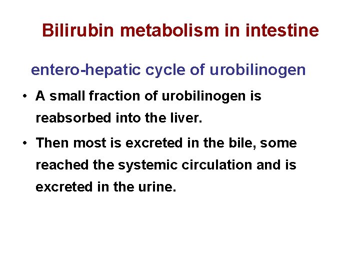 Bilirubin metabolism in intestine entero-hepatic cycle of urobilinogen • A small fraction of urobilinogen