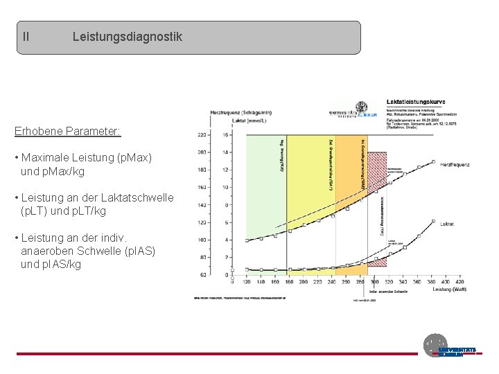 II Leistungsdiagnostik Erhobene Parameter: • Maximale Leistung (p. Max) und p. Max/kg • Leistung