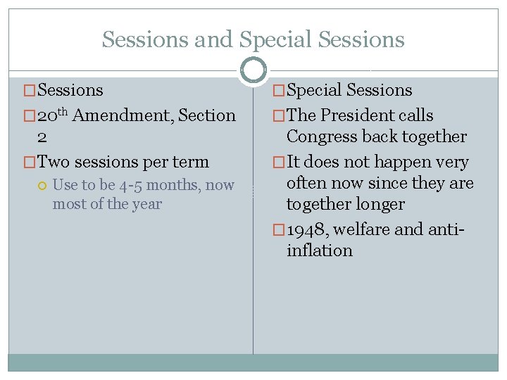 Sessions and Special Sessions �Special Sessions � 20 th Amendment, Section �The President calls