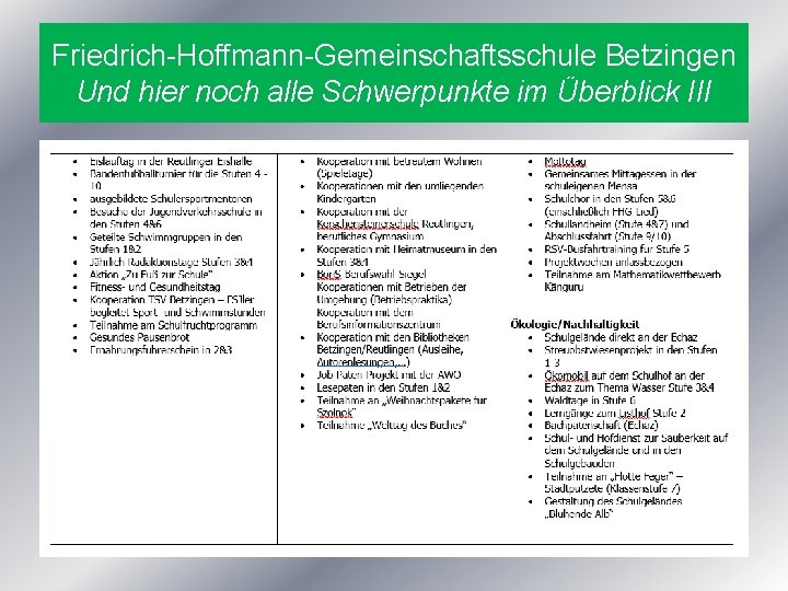 Friedrich-Hoffmann-Gemeinschaftsschule Betzingen Und hier noch alle Schwerpunkte im Überblick III 