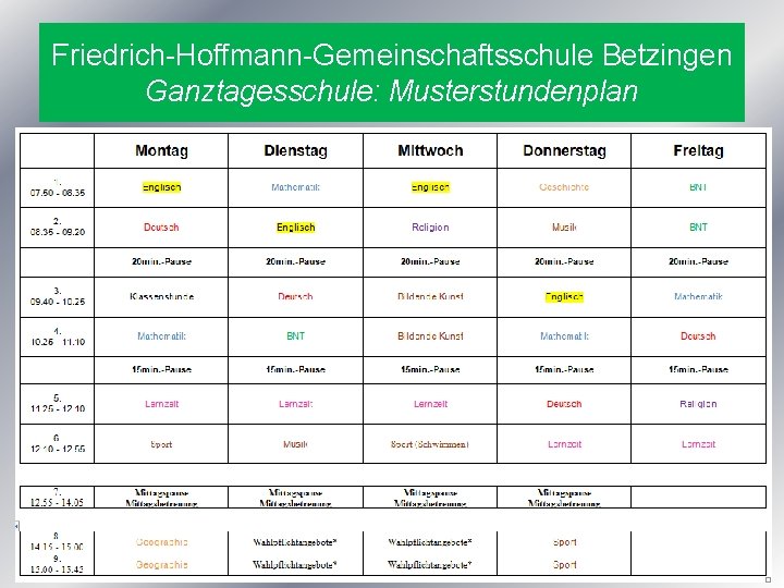 Friedrich-Hoffmann-Gemeinschaftsschule Betzingen Ganztagesschule: Musterstundenplan 