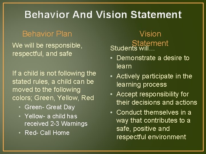 Behavior And Vision Statement Behavior Plan We will be responsible, respectful, and safe If