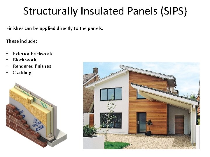 Structurally Insulated Panels (SIPS) Finishes can be applied directly to the panels. These include: