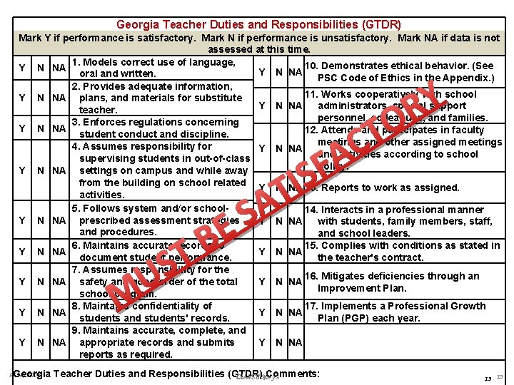 Georgia Teacher Duties and Responsibilities (GTDR) Mark Y if performance is satisfactory. Mark N