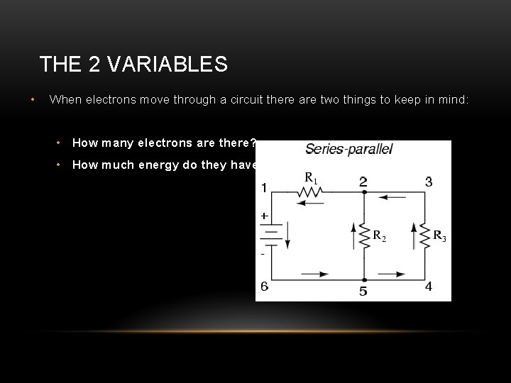 THE 2 VARIABLES • When electrons move through a circuit there are two things