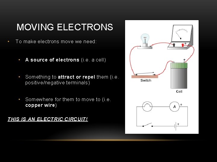 MOVING ELECTRONS • To make electrons move we need: • A source of electrons