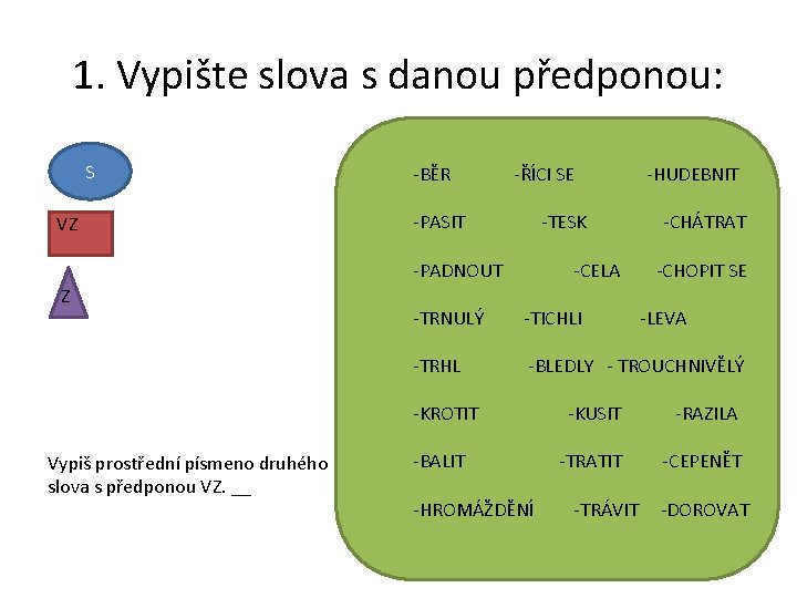 1. Vypište slova s danou předponou: S S -BĚR VZ -PASIT -ŘÍCI SE -TESK