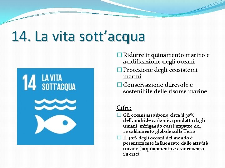 14. La vita sott’acqua � Ridurre inquinamento marino e acidificazione degli oceani � Protezione