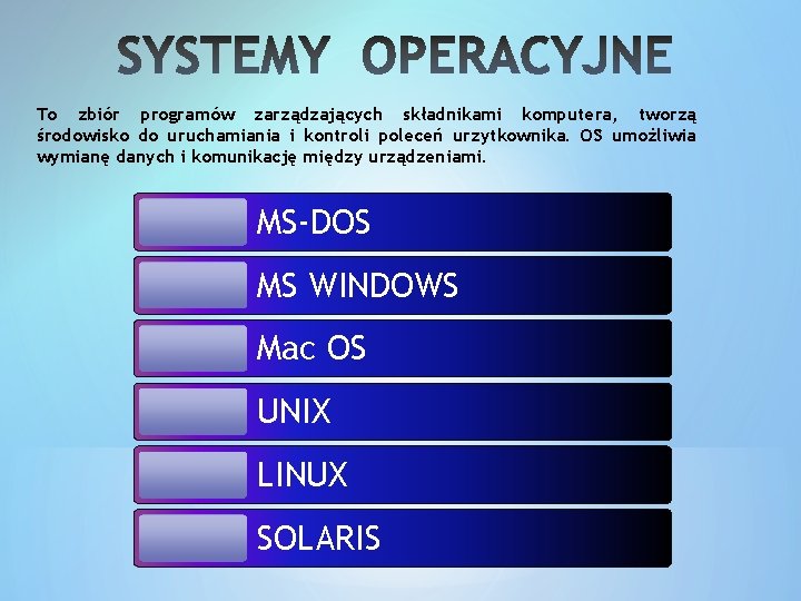 To zbiór programów zarządzających składnikami komputera, tworzą środowisko do uruchamiania i kontroli poleceń urzytkownika.