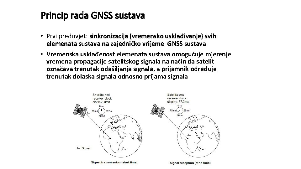 Princip rada GNSS sustava • Prvi preduvjet: sinkronizacija (vremensko usklađivanje) svih elemenata sustava na