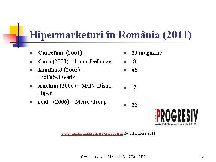 Hipermarketuri în România (2011) n n n Carrefour (2001) Cora (2003) – Luois Delhaize