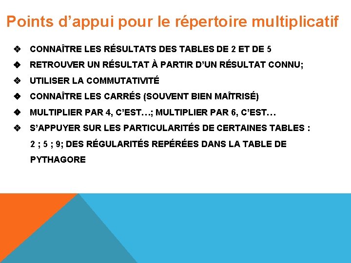 Points d’appui pour le répertoire multiplicatif CONNAÎTRE LES RÉSULTATS DES TABLES DE 2 ET