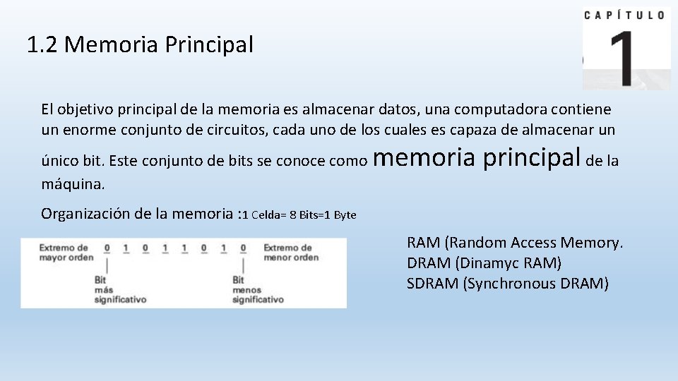 1. 2 Memoria Principal El objetivo principal de la memoria es almacenar datos, una