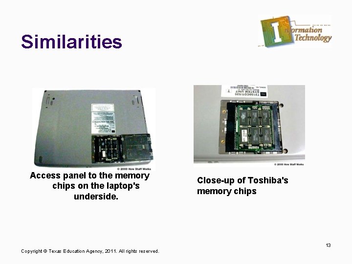Similarities Access panel to the memory chips on the laptop's underside. Close-up of Toshiba's
