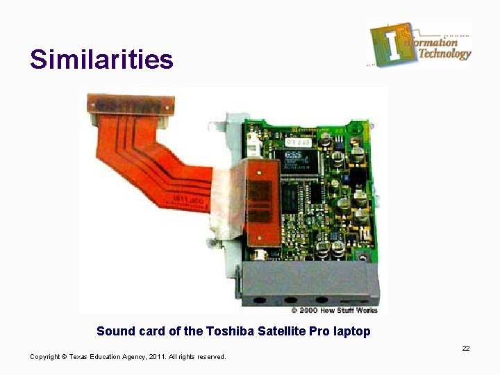 Similarities Sound card of the Toshiba Satellite Pro laptop 22 Copyright © Texas Education