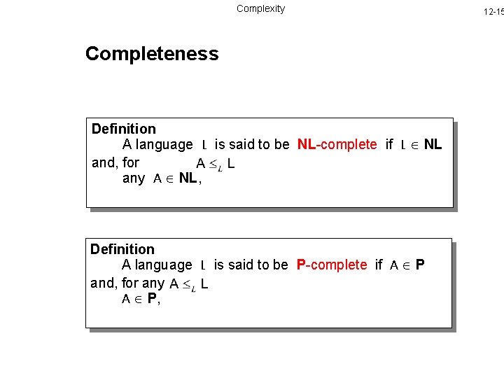 Complexity Completeness Definition A language L is said to be NL-complete if L NL