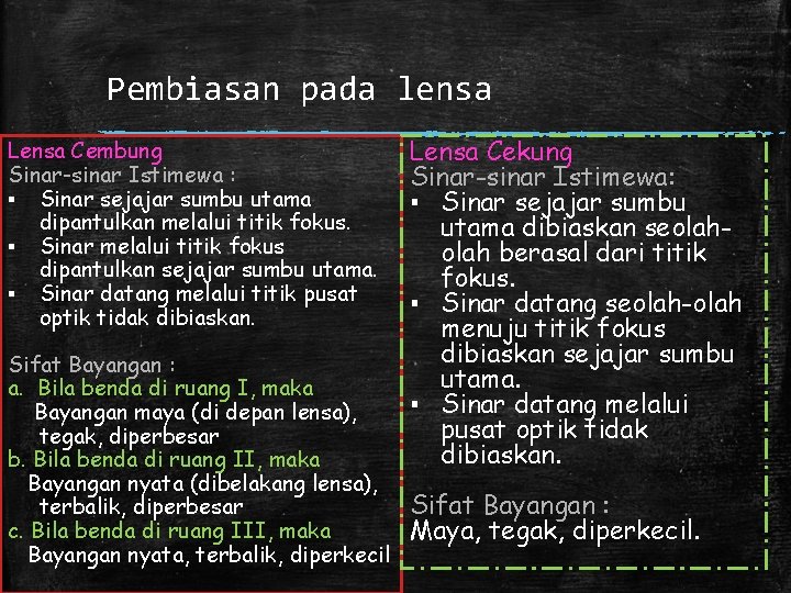 Pembiasan pada lensa Lensa Cembung Sinar-sinar Istimewa : ▪ Sinar sejajar sumbu utama dipantulkan