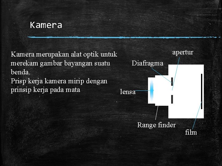 Kamera merupakan alat optik untuk Diafragma merekam gambar bayangan suatu benda. Prisp kerja kamera