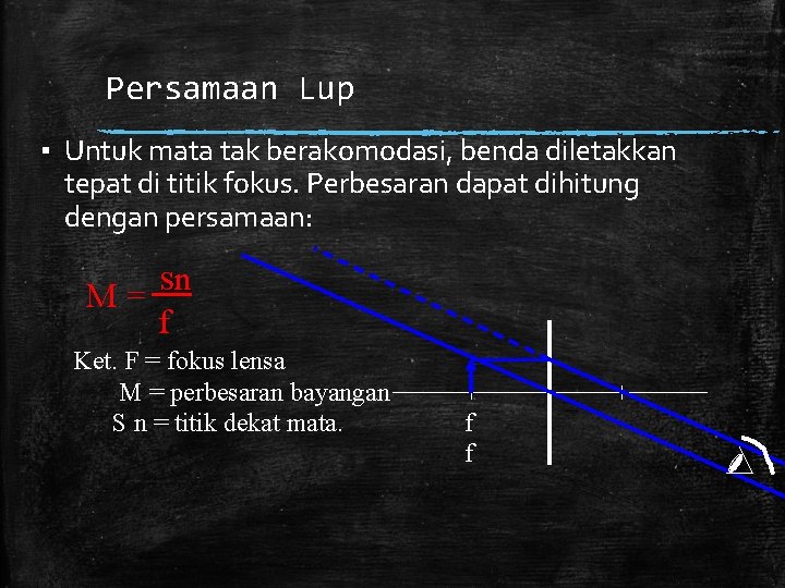 Persamaan Lup ▪ Untuk mata tak berakomodasi, benda diletakkan tepat di titik fokus. Perbesaran