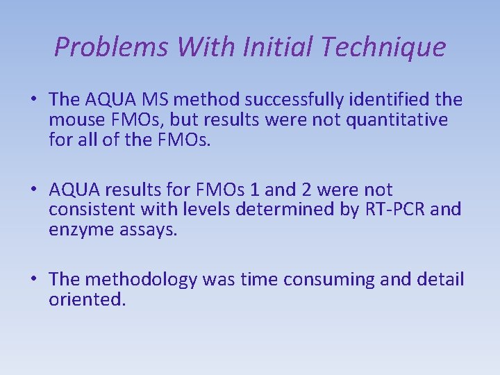Problems With Initial Technique • The AQUA MS method successfully identified the mouse FMOs,