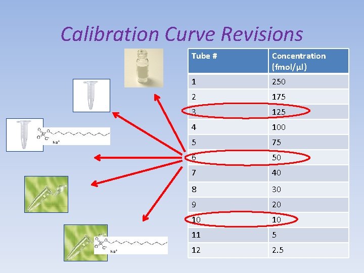 Calibration Curve Revisions Tube # Concentration (fmol/µl) 1 250 2 175 3 125 4