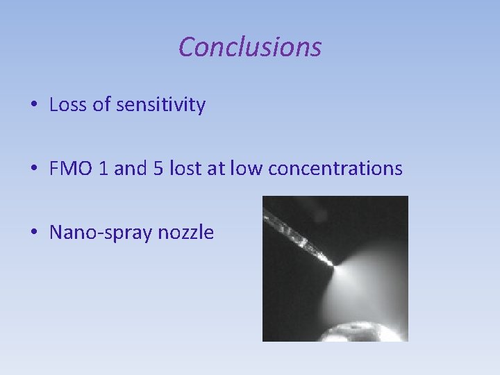 Conclusions • Loss of sensitivity • FMO 1 and 5 lost at low concentrations