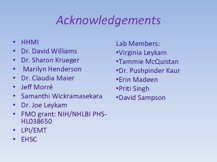 Acknowledgements HHMI Dr. David Williams Dr. Sharon Krueger Marilyn Henderson Dr. Claudia Maier Jeff