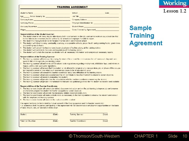Lesson 1. 2 Sample Training Agreement © Thomson/South-Western CHAPTER 1 Slide 10 