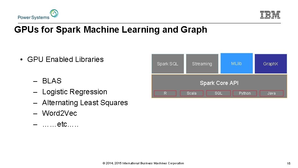 GPUs for Spark Machine Learning and Graph • GPU Enabled Libraries – – –