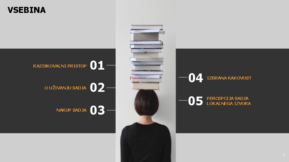 VSEBINA RAZISKOVALNI PRISTOP O UŽIVANJU SADJA NAKUP SADJA 01 02 03 04 IZBRANA KAKOVOST