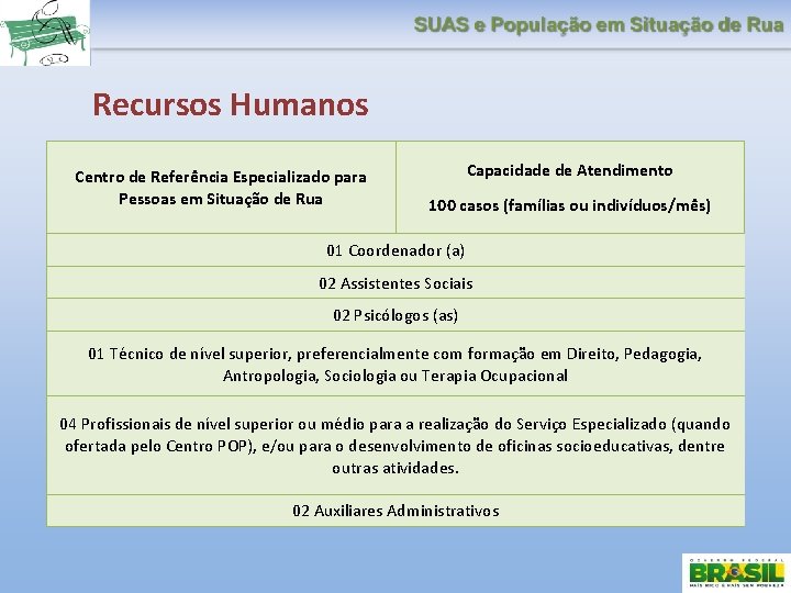 Recursos Humanos Centro de Referência Especializado para Pessoas em Situação de Rua Capacidade de