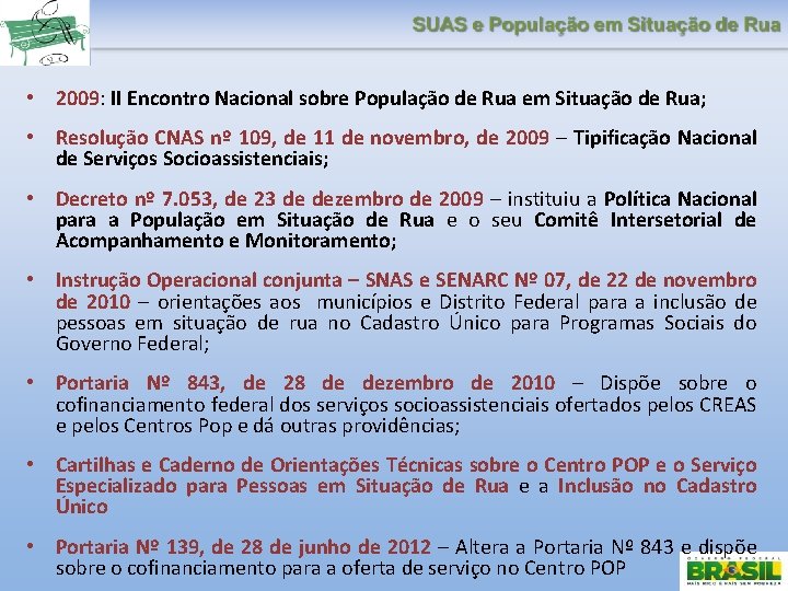  • 2009: II Encontro Nacional sobre População de Rua em Situação de Rua;